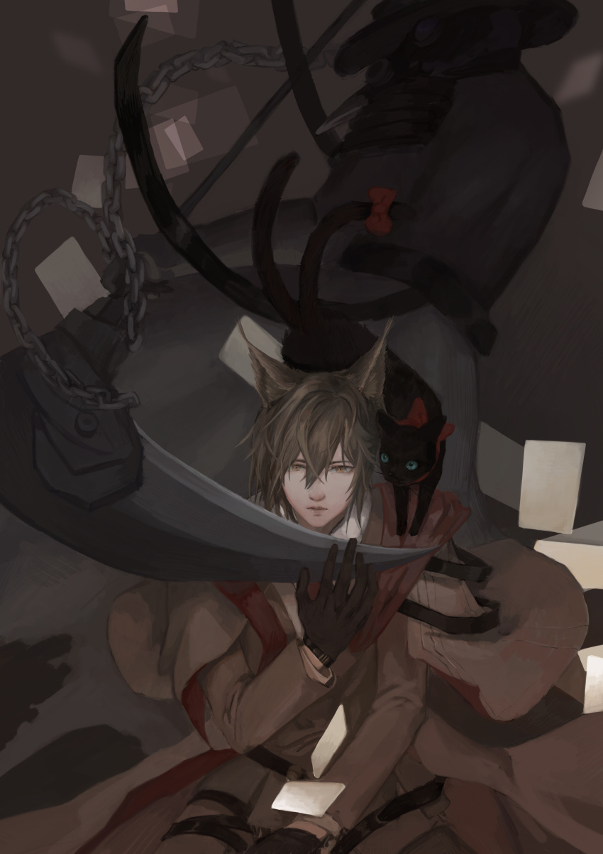 1boy, absurdres, ambience_synesthesia, animal_ears, animal_on_shoulder, arknights, black_cat, black_gloves