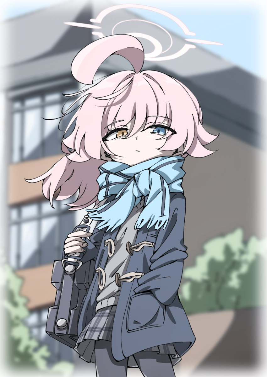 1girl, ahoge, black_pantyhose, blue_archive, blue_eyes, blue_scarf, blurry, blurry_background, building, coat, commentary_request, fugu43, halo, heterochromia, highres, hoshino_(blue_archive), hoshino_(second_year)_(blue_archive), long_hair, long_sleeves, looking_at_viewer, miniskirt, pantyhose, pink_hair, pink_halo, plaid_clothes, plaid_skirt, ponytail, scarf, skirt, solo, weapon_case, yellow_eyes