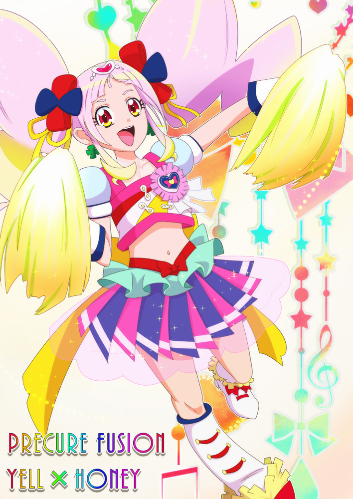 1girl, blonde_hair, cheerleader, cure_honey, cure_honey_(popcorn_cheer), cure_yell, fusion, gradient_hair, happinesscharge_precure!, hugtto!_precure, multicolored_hair, navel, open_mouth, orange_eyes, pink_hair, precure, pururun_z, twintails