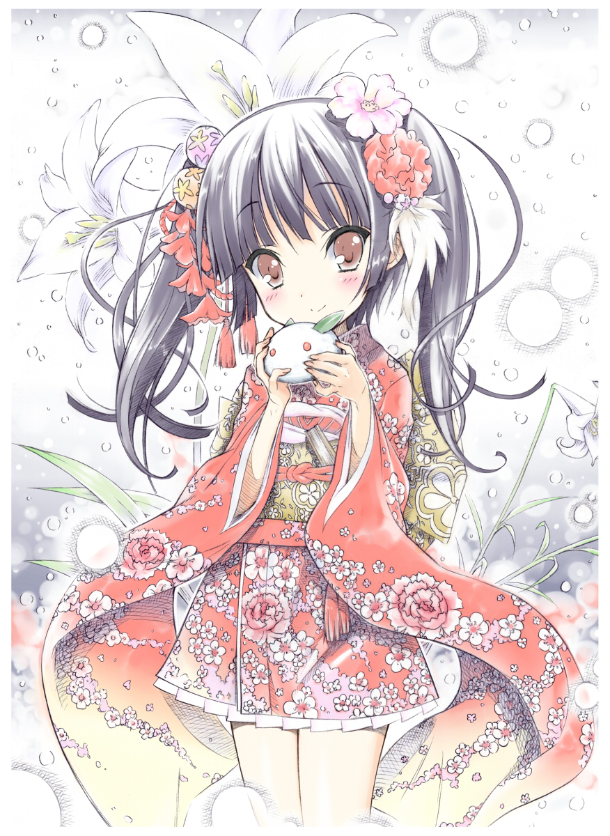 blush, brown_eyes, floral_print, flower, furisode, hair_flower, hair_ornament, hands