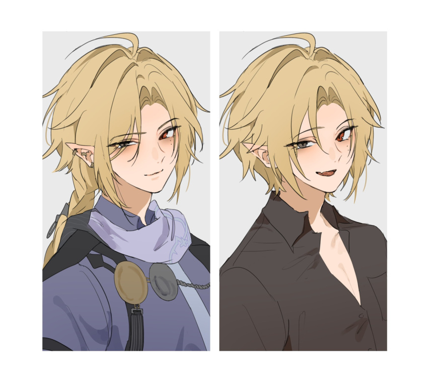 1boy, ahoge, black_shirt, blonde_hair, blue_scarf, blue_shirt, blush, closed_mouth