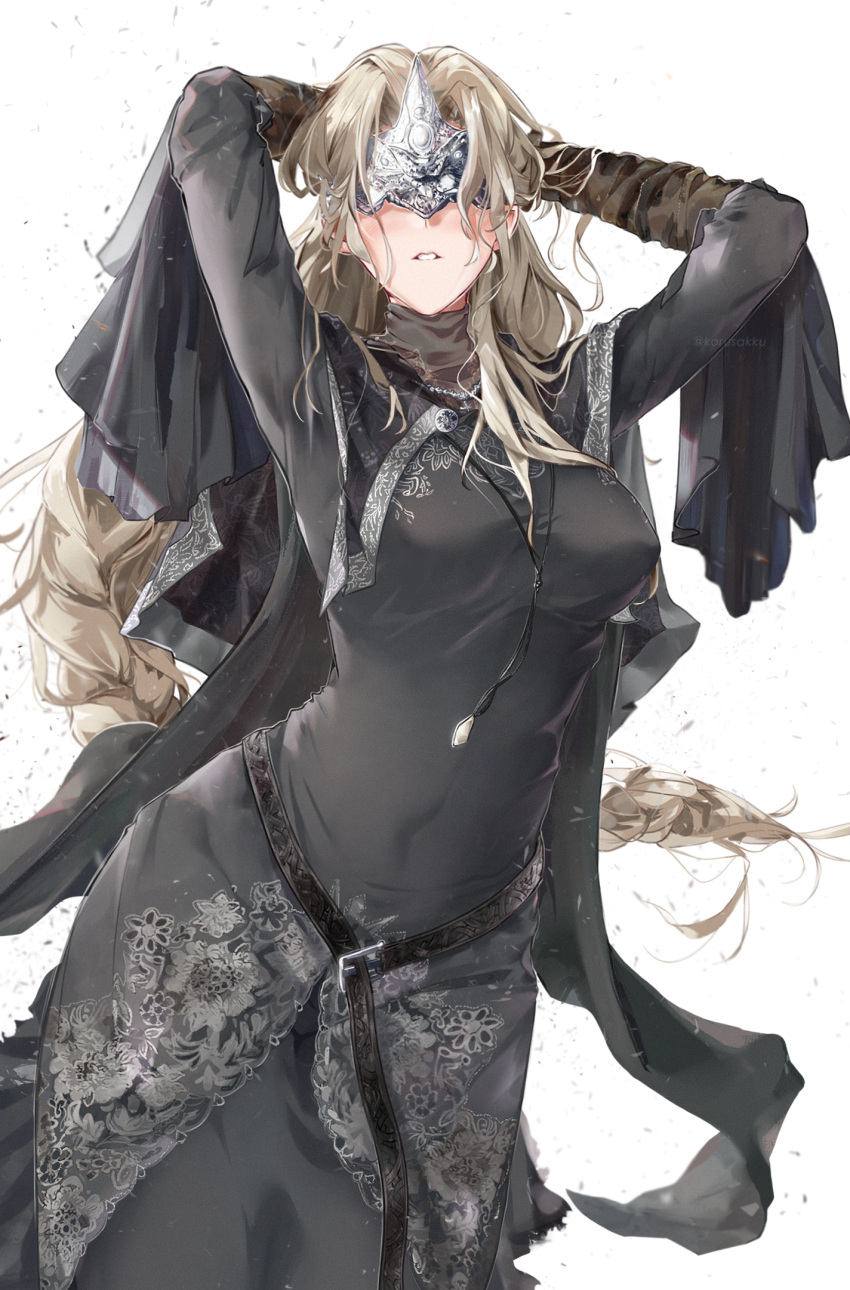1girl, arms_behind_head, belly, black_cloak, black_dress, blindfold, blonde_hair, blush