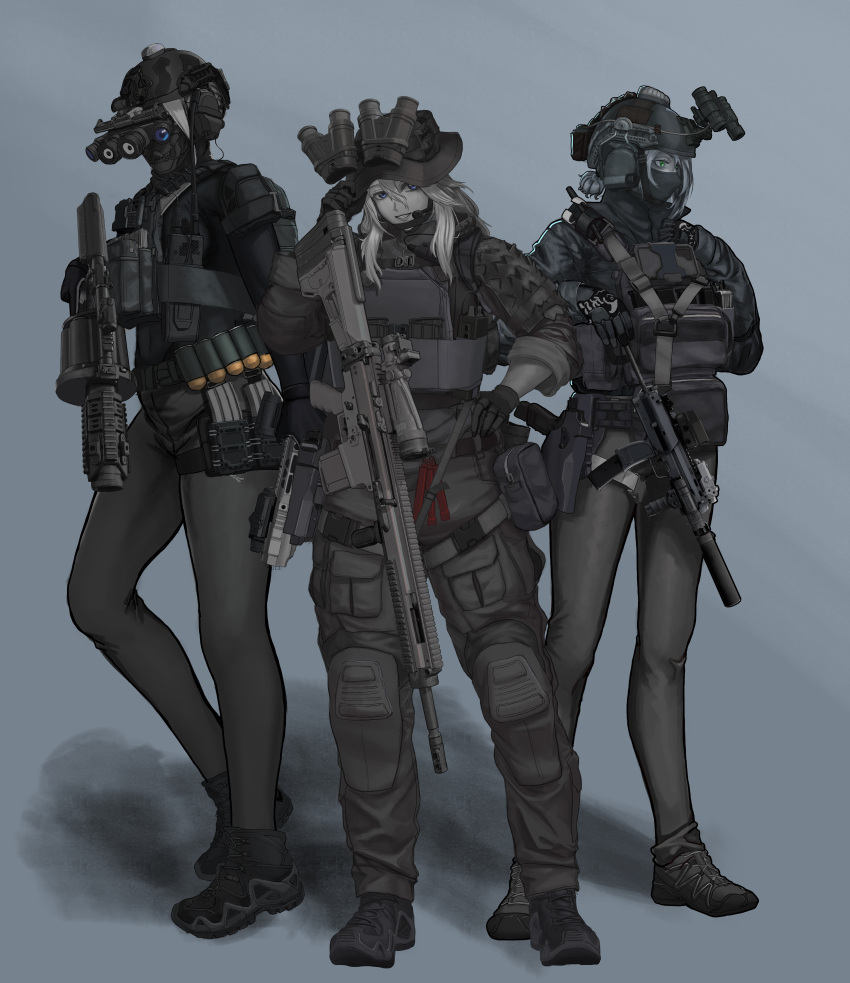 3girls, absurdres, assault_rifle, baklava, black_footwear, black_gloves, blonde_hair, blue_eyes