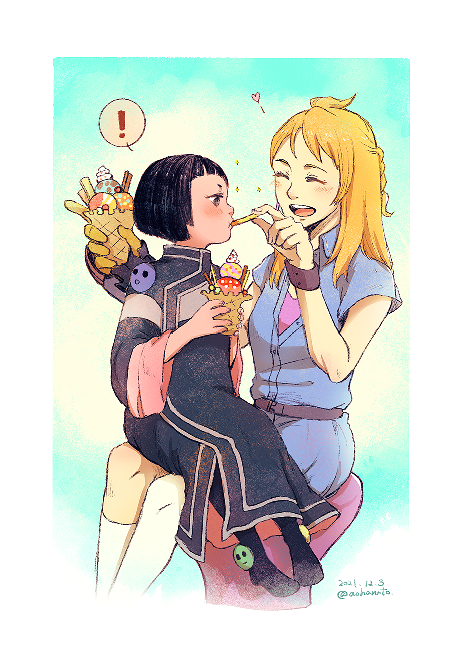 !, 2girls, :d, aoharuto, artist_name, black_eyes, black_hair, blonde_hair