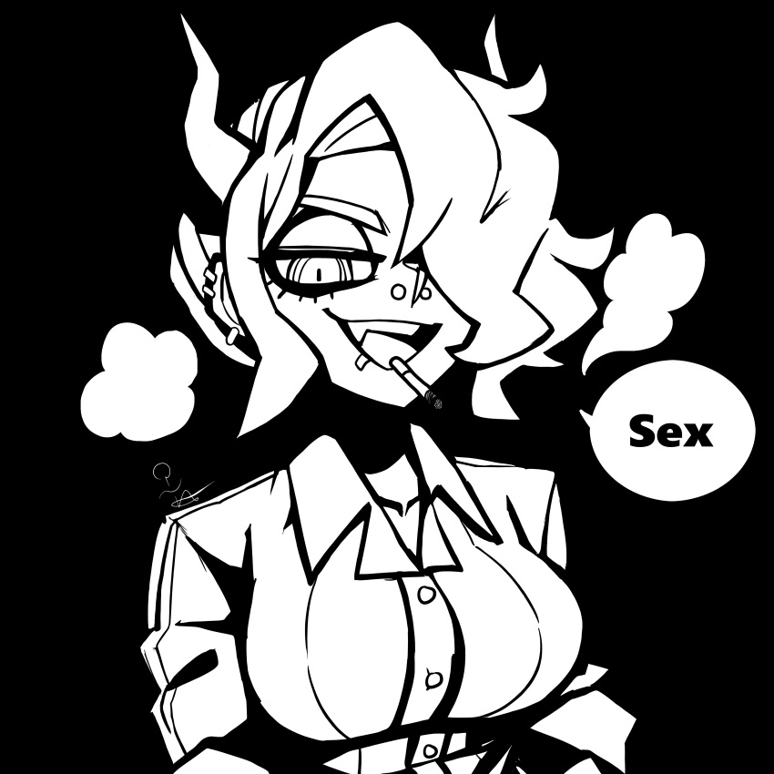 1girl, absurdres, breasts, cigarette, demon_girl, demon_horns, english_text, fang, hair_over_one_eye, helltaker, highres, horns, jewelry, large_breasts, monochrome, nose_piercing, piercing, ringed_eyes, simple_background, smoke, smoking, speech_bubble, teeth, thieviusa, upper_teeth_only, zdrada_(helltaker)