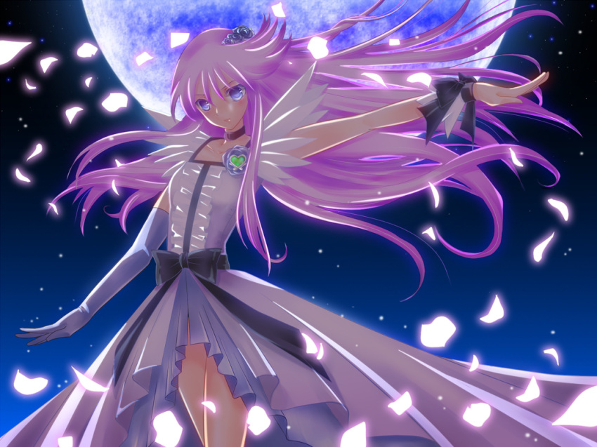 blue_eyes, blue_moon, cure_moonlight, elbow_gloves, gloves, heartcatch_precure!, lilita_(lilichi), long_hair, magical_girl, moon, night, night_sky, petals, pink_hair, precure, single_elbow_glove, single_glove, sky, solo, star_(sky), tsukikage_yuri