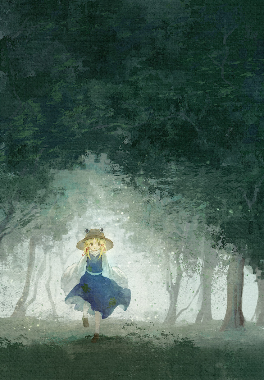 1girl, animal_print, ankle_socks, arms_at_sides, blonde_hair, blue_skirt, blue_vest, brown_footwear