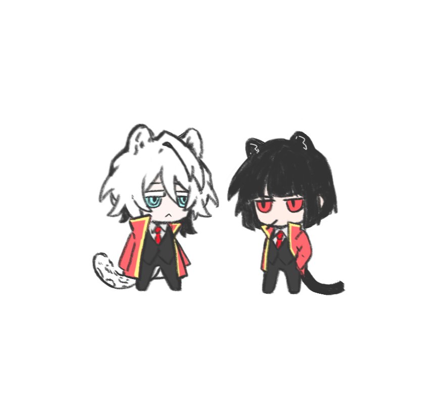 2girls, :<, animal_ears, black_hair, black_vest, bob_cut, chibi, closed_mouth, faust_(project_moon), full_body, jacket, leopard_ears, leopard_tail, limbus_company, liu_association_(identity)_(project_moon), multiple_girls, myj_chips, necktie, panther_ears, panther_tail, project_moon, red_eyes, red_jacket, red_necktie, ryoshu_(project_moon), short_hair, simple_background, tail, vest, white_background, white_hair