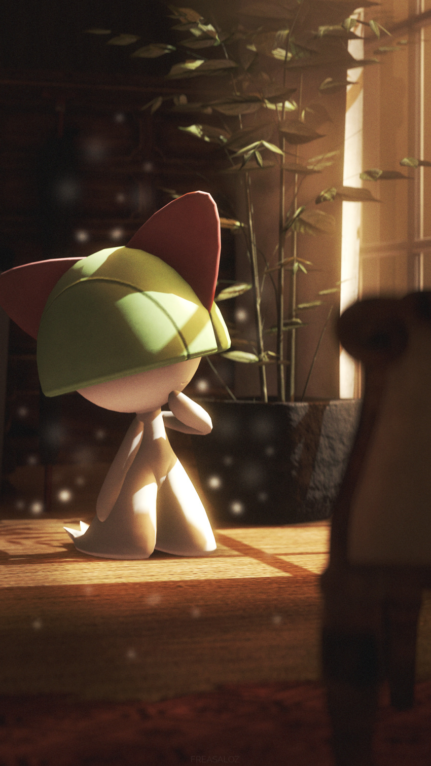 3d, closed_mouth, freasaloz, full_body, hand_on_own_chin, highres, indoors, light_particles