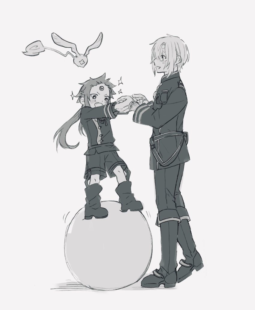 2boys, allen_walker, balancing, ball, belt, black_coat, black_footwear, black_order_uniform