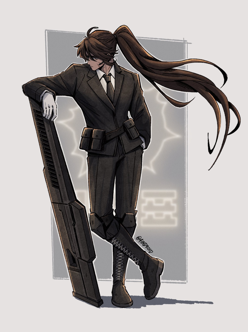 1boy, 4indroid, ahoge, belt, black_belt, black_footwear, black_jacket, black_necktie