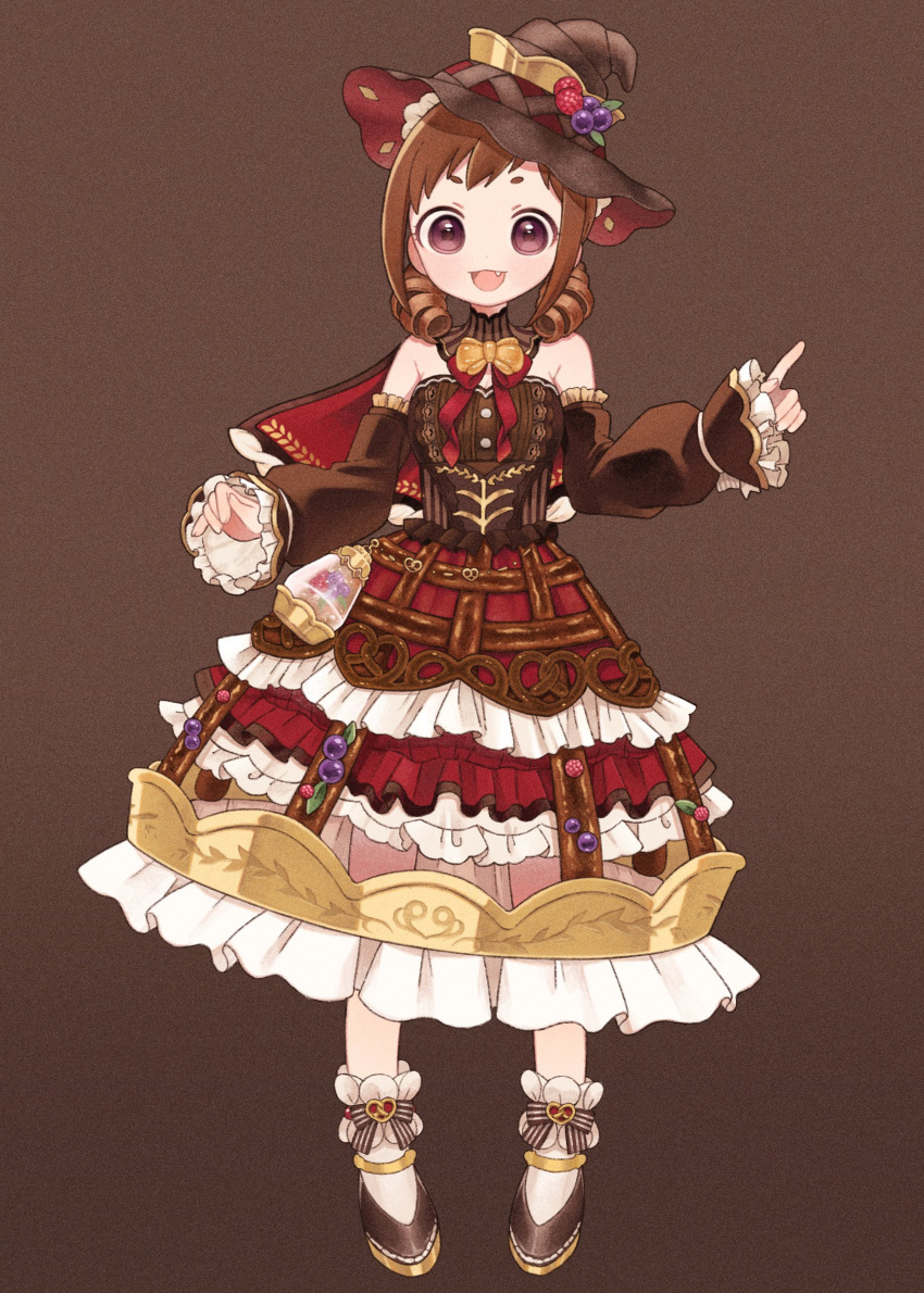 1girl, :3, absurdres, armpit_crease, bow, bowtie, breasts, brown_background