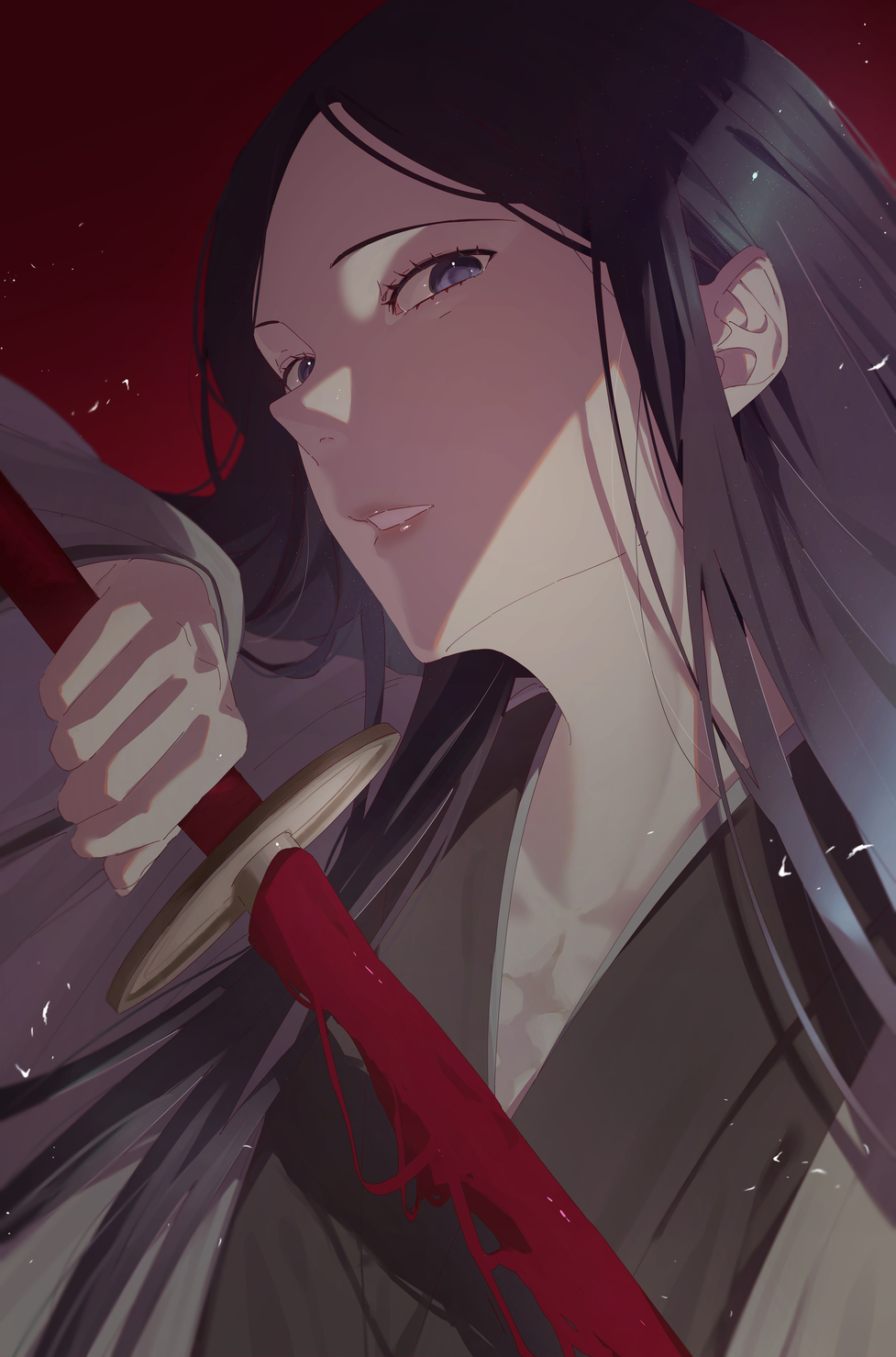 1girl, bankai, black_hair, bleach, bleach:_sennen_kessen-hen, commentary, eyelashes, grey_eyes