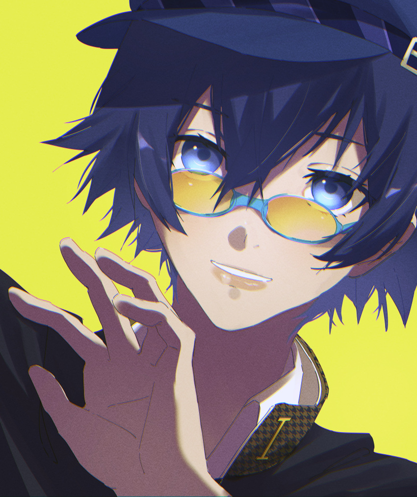 1girl, absurdres, black_jacket, blue-framed_eyewear, blue_eyes, blue_hair, blue_hat, close-up, commentary, dutch_angle, film_grain, glasses, hair_between_eyes, hand_up, hannahyu, hat, highres, jacket, looking_at_viewer, parted_lips, peaked_cap, persona, persona_4, shirogane_naoto, short_hair, simple_background, smile, solo, spiky_hair, tinted_eyewear, yellow-tinted_eyewear, yellow_background