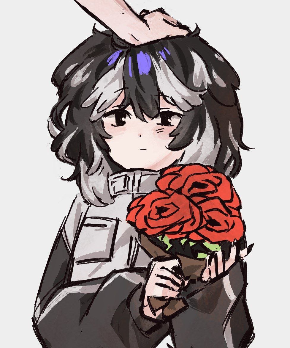 1girl, black_eyes, black_hair, black_sleeves, blush, bouquet, closed_mouth, flower