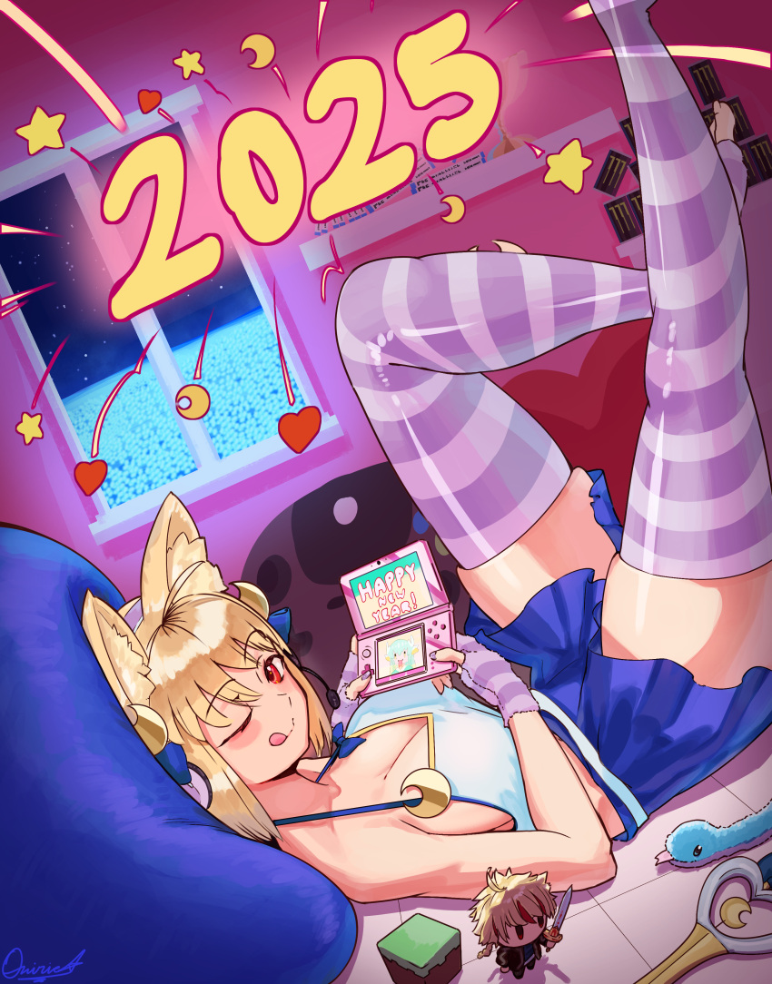 1girl, 2025, :p, absurdres, ahoge, animal_ear_fluff, animal_ears, arcueid_brunestud, bed, blue_skirt, blush, breasts, cat_ears, cat_girl, crossed_legs, fate/grand_order, fate_(series), feet, figure, handheld_game_console, headphones, highres, indoors, magical_girl, miniskirt, nintendo_ds, on_bed, one_eye_closed, oniric, phantas-moon, phantas-moon_(second_ascension), playing_games, resting, richard_i_(fate), skirt, smile, snake, stuffed_toy, thick_thighs, thigh-highs, thighs, toes, tongue, tongue_out, tsukihime, wand, zettai_ryouiki