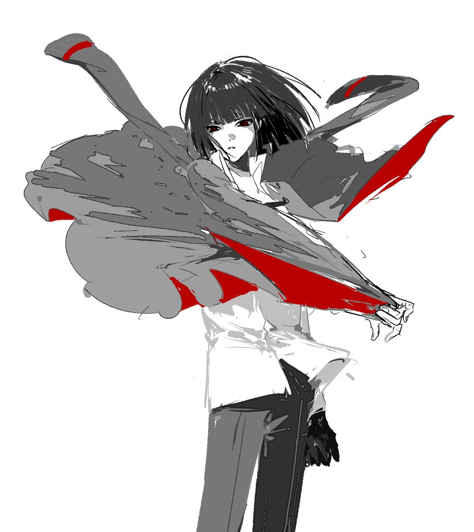 1girl, black_gloves, black_hair, black_jacket, black_pants, bob_cut, collared_shirt, cowboy_shot