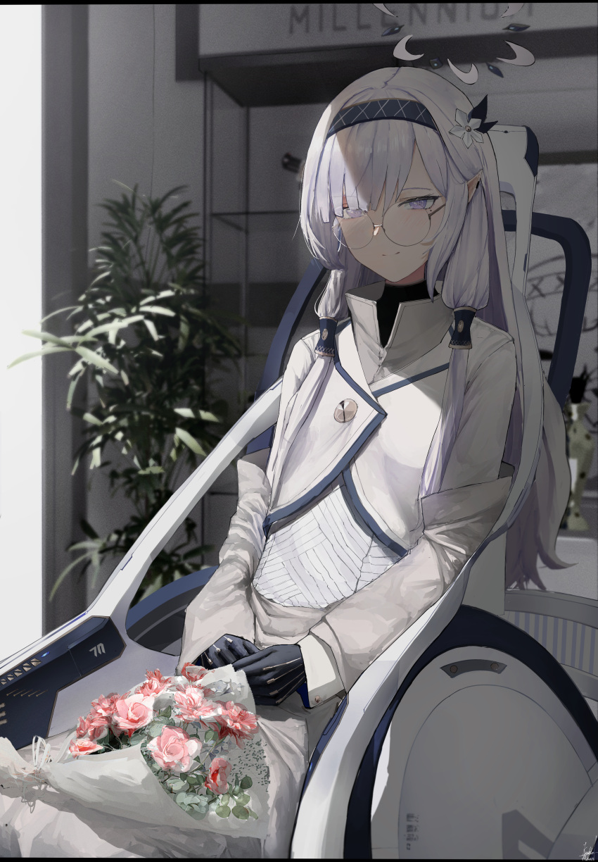 1girl, absurdres, black_gloves, black_hairband, black_shirt, blue_archive, blush, bouquet