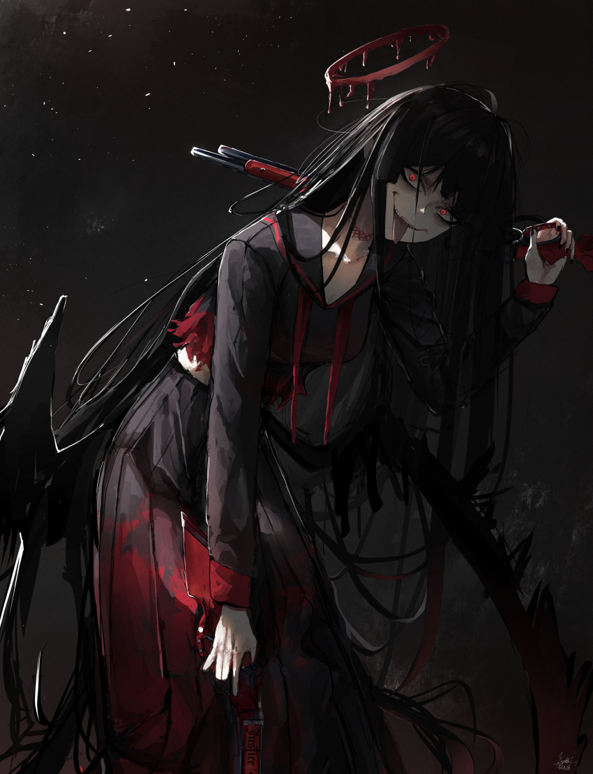 1girl, absurdres, bent_over, black_sailor_collar, black_shirt, black_skirt, black_wings, blood