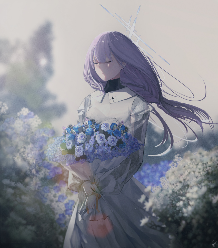 1girl, absurdres, atsuko_(blue_archive), blue_archive, blue_flower, bouquet, closed_eyes, dress