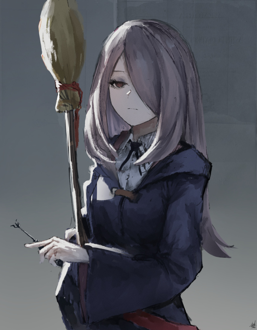 1girl, absurdres, black_ribbon, blue_coat, broom, closed_mouth, coat, fork