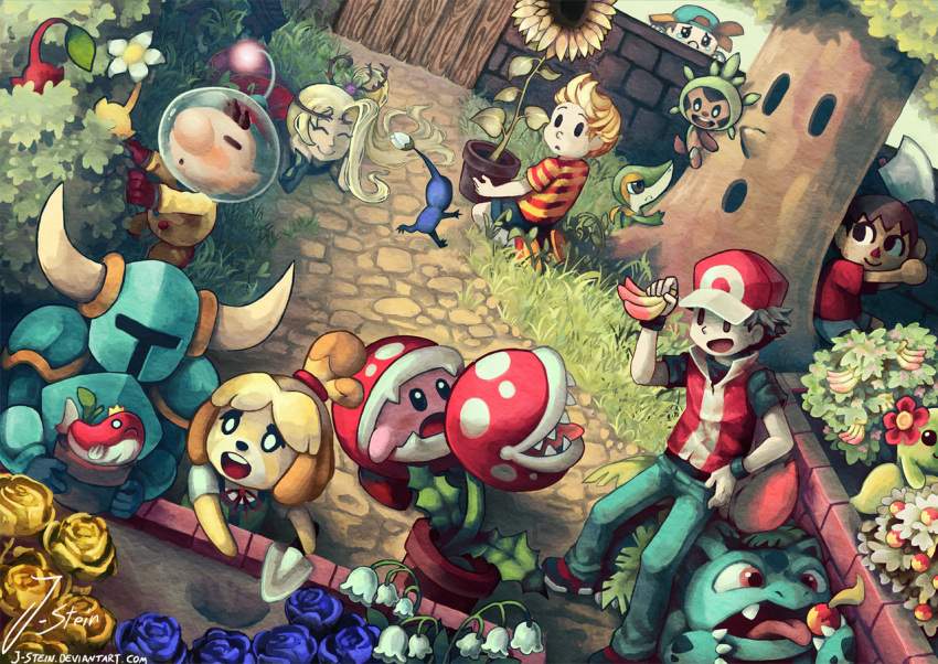 2girls, 6+boys, animal_crossing, axe, bellossom, black_shirt, blue_flower, blue_pants