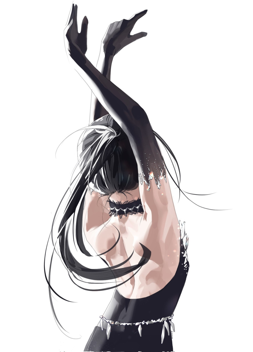 1girl, arms_up, back, back_focus, bare_shoulders, black_collar, black_dress, black_gloves