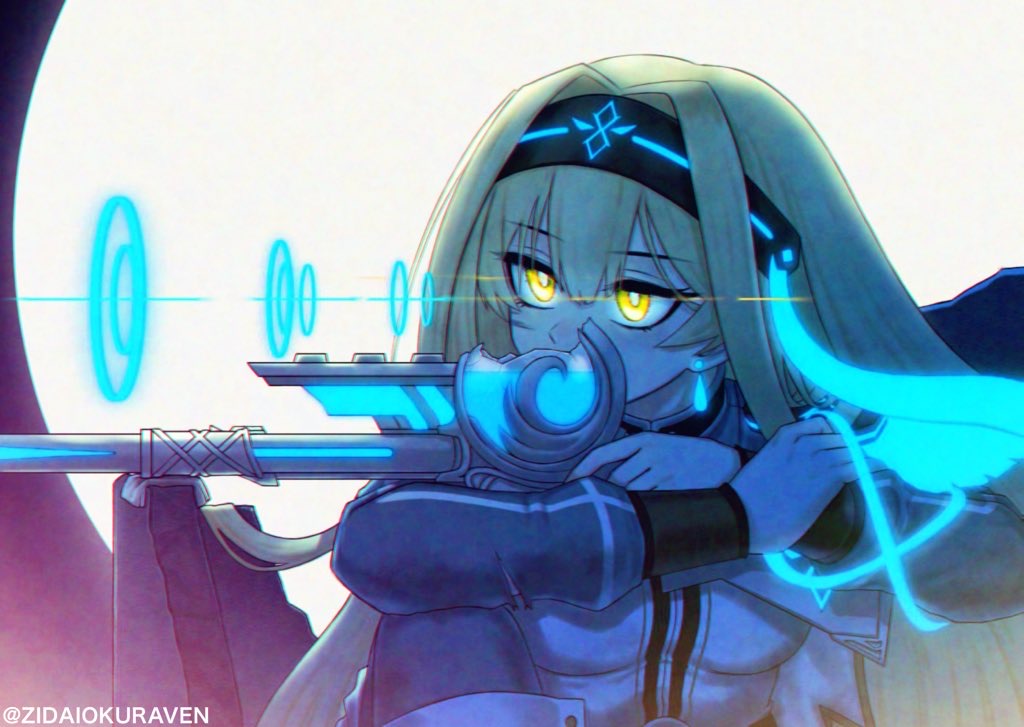 1girl, aiming, blonde_hair, breasts, duel_monster, exosister_gibrine, exosister_irene, glowing, glowing_eyes, gun, headband, holding, holding_gun, holding_weapon, medium_breasts, portrait, rifle, solo, weapon, yellow_eyes, yu-gi-oh!, zidai_okuraven