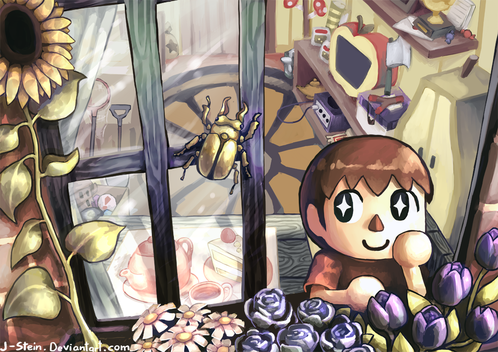 1boy, animal_crossing, blue_flower, brown_hair, butterfly_net, cake, cake_slice, candy