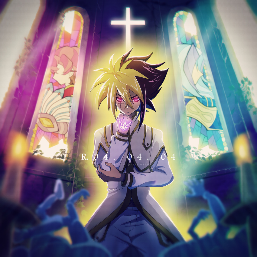 1boy, absurdres, blonde_hair, brown_hair, candle, church, clenched_hand, closed_mouth
