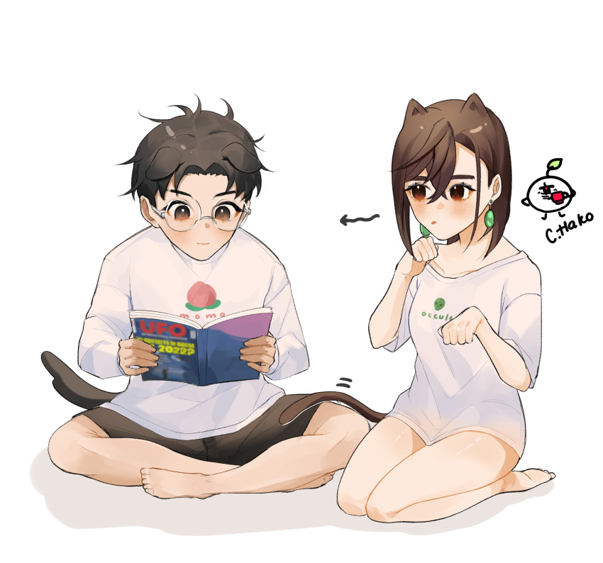 1boy, 1girl, absurdres, animal_ears, ayase_momo, bare_legs, barefoot, black_hair