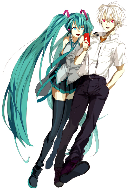 aqua_eyes, aqua_hair, bad_id, black_legwear, black_thighhighs, crossover, digital_media_player, earphones, harurie, hatsune_miku, headphones, ipod, long_hair, microphone, miniskirt, nagisa_kaworu, necktie, neon_genesis_evangelion, red_eyes, shirt, skirt, thigh-highs, thighhighs, very_long_hair, vocaloid, white_hair
