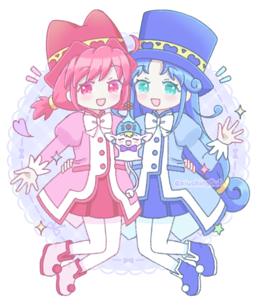 2girls, :d, ^_^, ahoge, aqua_eyes, blonde_hair, blue_coat, blue_footwear, blue_hair, blue_hat, blue_skirt, blush, boots, bow, bowtie, buttons, closed_eyes, coat, commentary, creature, curly_hair, dot_nose, earrings, fairy, fine_(futagohime), four-pointed_star, full_body, fushigiboshi_no_futago_hime, gem, gold_trim, hair_intakes, hand_on_another's_hip, hand_up, hat, heart, instagram_username, jewelry, lace_background, legs_up, long_hair, long_sleeves, looking_at_viewer, low-tied_long_hair, low_twintails, matching_outfits, midair, multiple_girls, notice_lines, open_hand, open_mouth, outstretched_arm, overcoat, pantyhose, phrygian_cap, pink_coat, pleated_skirt, pointy_ears, pom_pom_(clothes), pom_pom_footwear, puffy_long_sleeves, puffy_sleeves, pumo_(futagohime), purple_bow, purple_bowtie, red_eyes, red_gemstone, red_hair, red_hat, red_skirt, rein_(futagohime), siblings, sisters, siuching, skirt, smile, star_(symbol), star_earrings, sun_hair_ornament, tail, top_hat, twins, twintails, twitter_username, waving, white_background, white_bow, white_bowtie, white_footwear, white_pantyhose