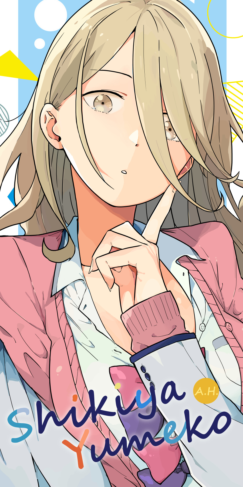 1girl, absurdres, blonde_hair, breasts, brown_eyes, character_name, hair_over_one_eye, herrinalexander