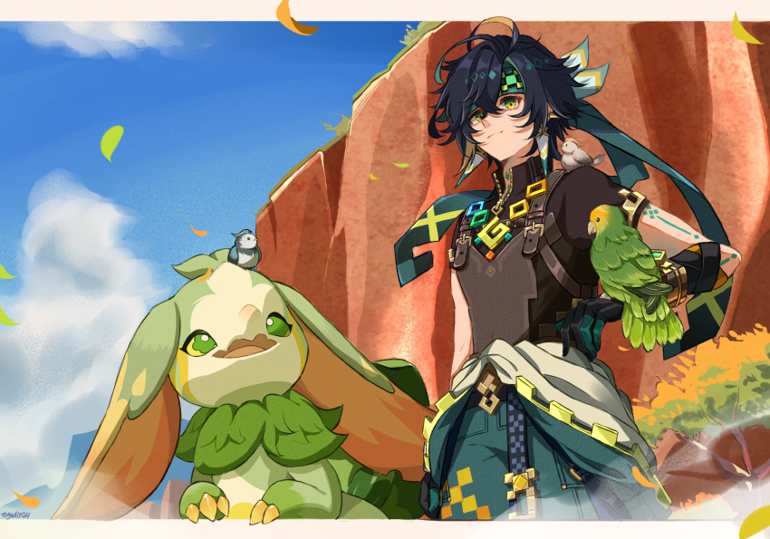 1boy, 4others, aqua_headband, arm_tattoo, bird, black_gloves, black_hair, black_shirt