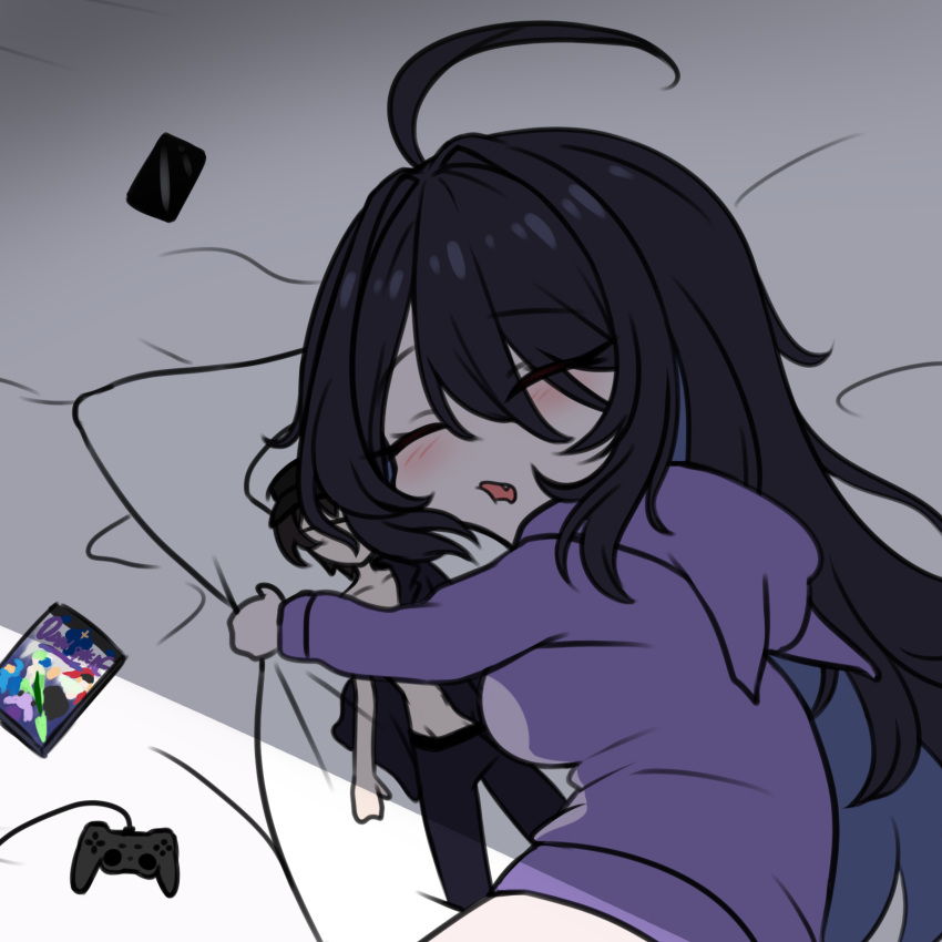 ahoge, azur_lane, body_pillow, cellphone, chibi, closed_eyes, commander_(azur_lane), controller, dakimakura_(object), fang, game_controller, highres, holding, holding_pillow, hood, hoodie, kimofest, light_blush, long_hair, long_sleeves, open_mouth, phone, pillow, purple_hoodie, sleeping, smartphone, z11_(azur_lane)