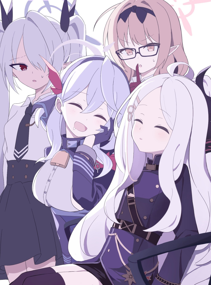 4girls, ahoge, ako_(blue_archive), bell, belt, black_belt, black_coat, black_gloves