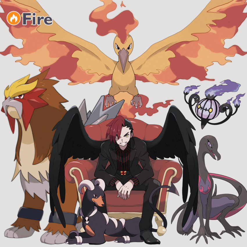 1boy, black_footwear, black_hair, black_jacket, black_pants, black_wings, boyfriend_to_death, cain_zeitgeist, chair, chandelure, commentary, crossover, english_commentary, entei, fallen_angel, full_body, grey_background, grin, highres, houndoom, jacket, long_sleeves, male_focus, moltres, n0vaca1ne, pants, pokemon, pokemon_(creature), red_hair, salazzle, sitting, smile, undercut, wings, yellow_eyes