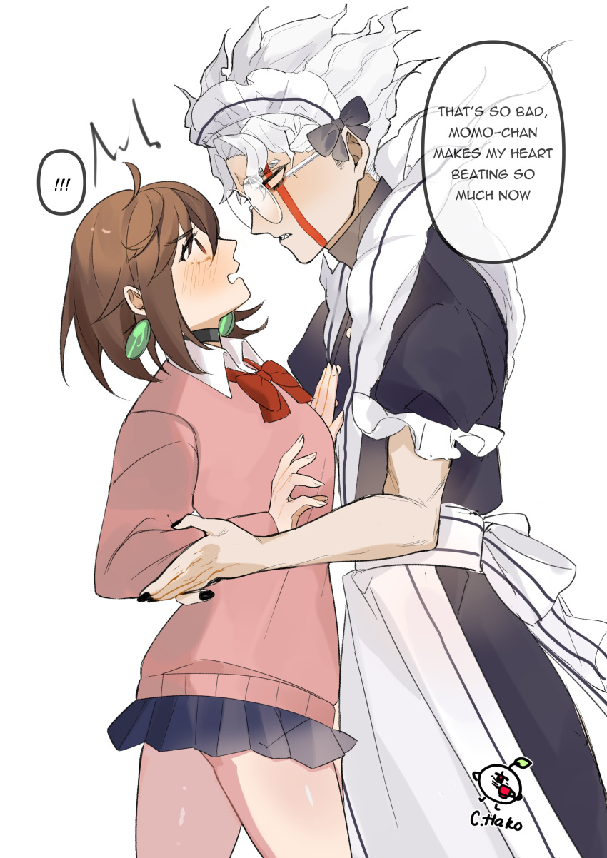 !, !!, 1boy, 1girl, absurdres, apron, ayase_momo, black_dress, black_skirt, blush, bow, bowtie, breasts, brown_eyes, brown_hair, crossdressing, dandadan, dress, earrings, english_text, facial_mark, frilled_apron, frills, glasses, hachi_(chisano_hako), hetero, highres, jewelry, long_hair, long_sleeves, maid, maid_apron, maid_headdress, male_maid, medium_breasts, medium_hair, open_mouth, pink_sweater, red_bow, red_bowtie, school_uniform, short_hair, skirt, speech_bubble, sweater, takakura_ken_(dandadan), waist_apron, white_apron, white_background, white_hair