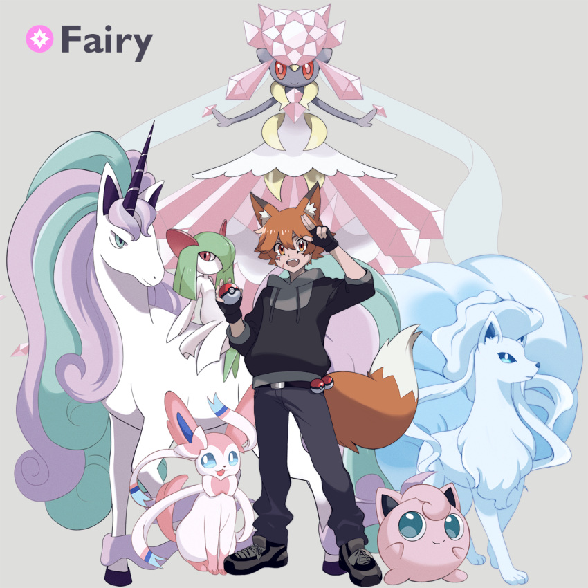 1boy, alolan_ninetales, animal_ears, black_gloves, black_hoodie, boyfriend_to_death, crossover, diancie, drawstring, fingerless_gloves, fox_boy, fox_ears, fox_tail, full_body, galarian_rapidash, gloves, grey_background, grey_theme, highres, holding, holding_poke_ball, hood, hood_down, hoodie, jigglypuff, kirlia, long_sleeves, looking_at_viewer, male_focus, n0vaca1ne, open_mouth, orange_eyes, orange_hair, poke_ball, poke_ball_(basic), pokemon, pokemon_(creature), ren_hana_(boyfriend_to_death), shoes, sylveon, tail