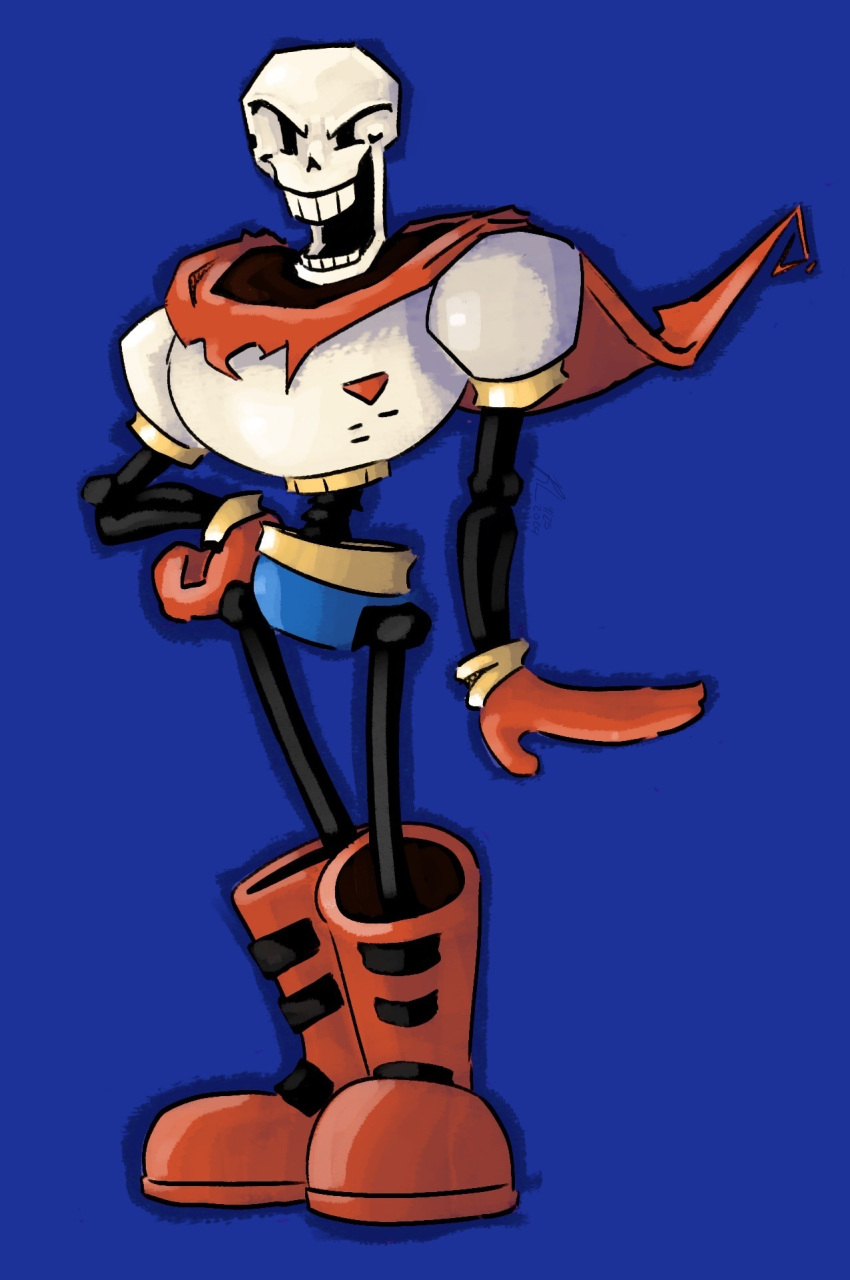 1boy, 2024, 2d, blue_background, blue_shorts, boots, cape, digital_media, gloves, highres, humanoid, male, male_only, monster, monster_boy, papyrus_(undertale), red_boots, red_cape, red_gloves, roi-77, shorts, simple_background, skeleton, solo, standing, teeth, undead, undertale