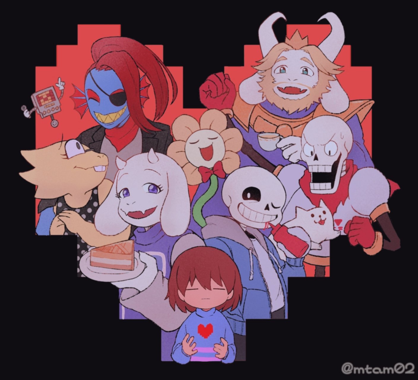 1other, 2022, 2d, =_=, alphys, ambiguous_gender, animal, annoying_dog, anthro, artist_name, asgore_dreemurr, beard, black_background, black_eyepatch, black_shorts, blonde_hair, blue_jacket, blue_shirt, blue_shorts, blue_skin, boots, bowtie, brothers, brown_hair, cape, closed_eyes, colored_sclera, colored_skin, colored_teeth, digital_media, dog, double_horizontal_stripe, ear_fins, everyone, eyepatch, facial_hair, female, fins, fish, fish_girl, floppy_ears, flower, flowey_(undertale), food, frisk_(undertale), furry, furry_female, furry_male, gloves, goat, goat_boy, goat_ears, goat_girl, goat_horns, head_fins, heart, high_ponytail, holding, holding_bottle, holding_plate, horns, human, humanoid, jacket, ketchup_bottle, lizard, lizard_girl, long_hair, looking_at_animal, looking_at_another, male, mammal, mettaton, mettaton_(box), monster, monster_boy, monster_girl, mtam02, multiple_boys, multiple_girls, non-humanoid_robot, one_eye_closed, open_mouth, own_hands_together, papyrus_(undertale), pie, pink_stripes, pixel_heart, plant, plate, ponytail, red_bowtie, red_cape, red_gloves, red_hair, reptile, reptile_girl, robot, robot_boy, sans_(undertale), scalie, sharp_teeth, short_hair, shorts, siblings, simple_background, skeleton, slit_pupils, smile, striped, striped_shirt, striped_shorts, teeth, toriel, twitter_username, undead, undertale, undyne, utdr_(toby_fox), wheel, white_fur, white_gloves, white_horns, white_stripes, yellow_sclera, yellow_teeth