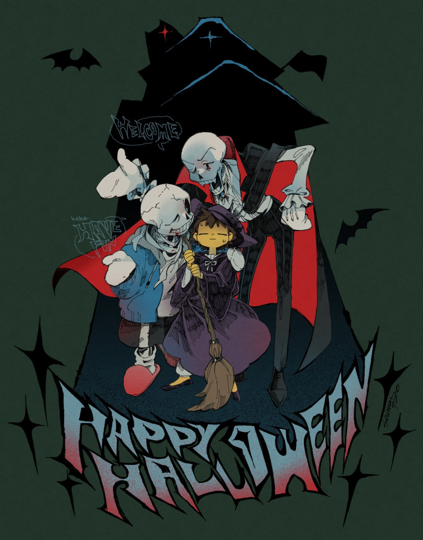 1other, 2023, 2boys, 2d, ambiguous_gender, annoying_dog, ascot, bat_(animal), black_cape, black_pants, blue_jacket, broom, brothers, brown_hair, cape, digital_media, english_text, fangs, frisk_(undertale), gloves, halloween, halloween_costume, happy_halloween, highres, holding, holding_broom, human, humanoid, jacket, male, monster, monster_boy, multiple_boys, one_eye_closed, pants, papyrus_(undertale), sans_(undertale), shima7300, short_hair, siblings, silhouette, simple_bat, skeleton, teeth, text, trio, undead, undertale, vampire_costume, white_ascot, white_mittens, witch_costume, witch_hat