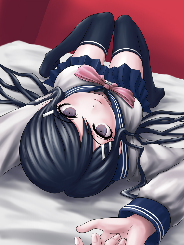 black_hair, black_legwear, black_thighhighs, dangan-ronpa, dangan_ronpa, gig_(artist), hair_ornament, hairclip