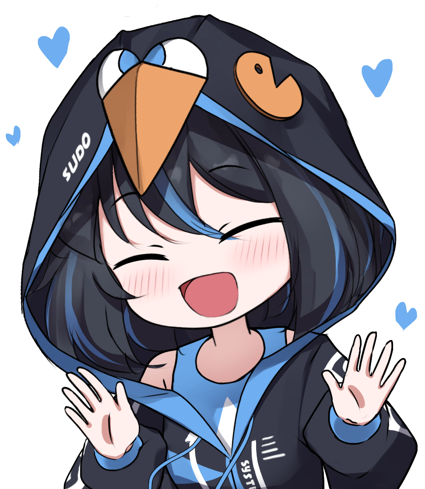 1girl, :d, animal_hood, arch_linux, ayaya~, black_hair, black_jacket, blue_hair
