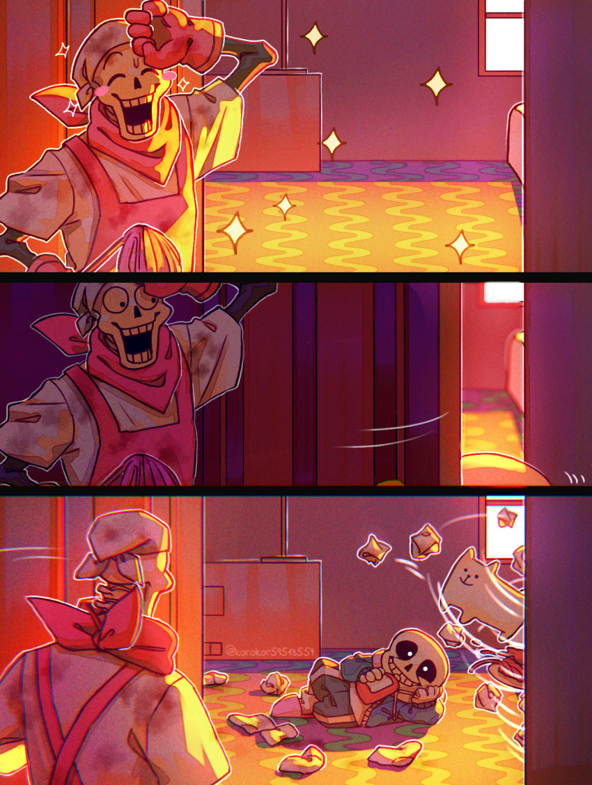 2023, 2boys, 2d, 3koma, animal, annoying_dog, apron, artist_name, backlighting, black_shorts, blue_jacket, blue_shorts, brothers, comic, digital_media, dirty, dirty_clothes, dog, door, duo, floor, gloves, hand_on_own_forehead, highres, holding, holding_bottle, hood, hood_down, hooded_jacket, humanoid, in-universe_location, indoors, jacket, looking_at_another, lying, male, male_focus, male_only, messy_room, monster, monster_boy, motion_lines, multiple_boys, noah_(rokoroko), on_floor, on_side, outline, papyrus_(undertale), red_gloves, red_scarf, sans_(undertale), scarf, shirt, shorts, siblings, silent_comic, skeleton, slippers, socks, sparkle, striped_clothes, striped_shorts, teeth, tornado, twitter_username, undead, undertale, unworn_socks, white_shirt, white_stripes