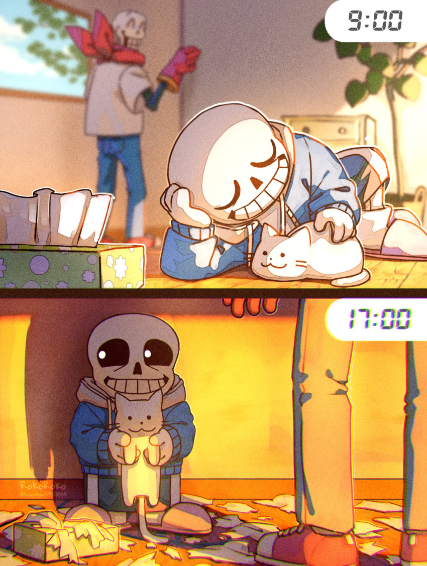 2boys, 2d, 2koma, ^_^, animal, artist_name, black_shorts, blue_jacket