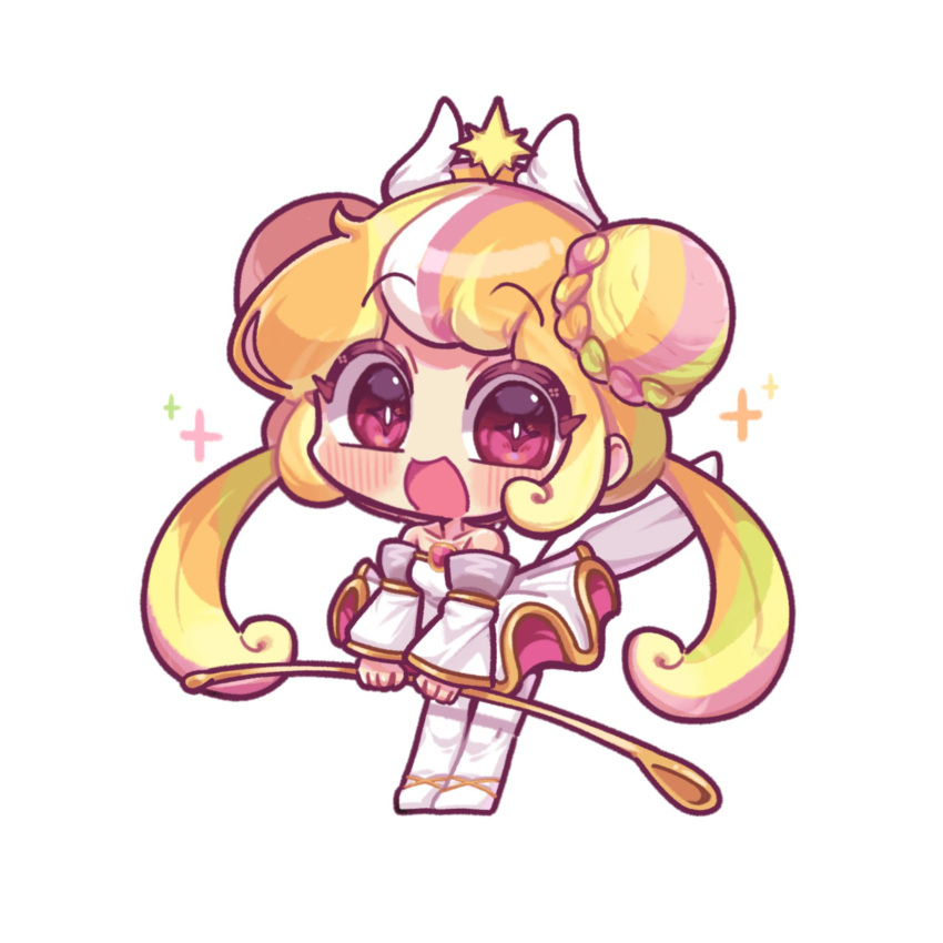 1girl, 9lfylqjnuann3vr, :d, bare_shoulders, blonde_hair, braid, braided_bun, bright_pupils