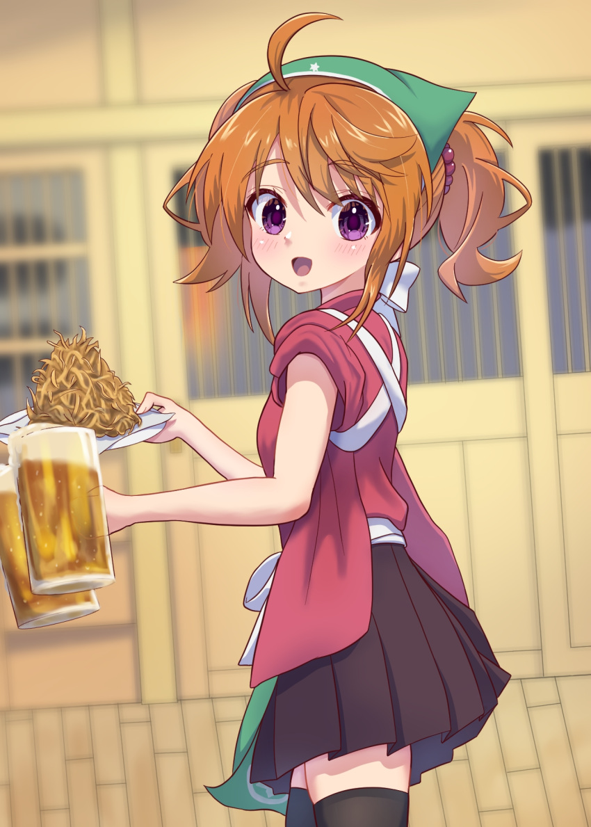 1girl, :d, ahoge, alcohol, bad_perspective, beer, black_thighhighs, blurry