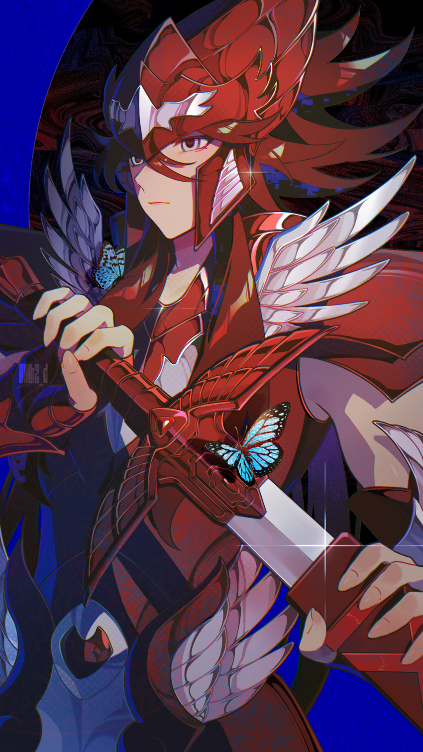 1boy, absurdres, armor, bishounen, black_armor, black_hair, black_helmet, blue_butterfly